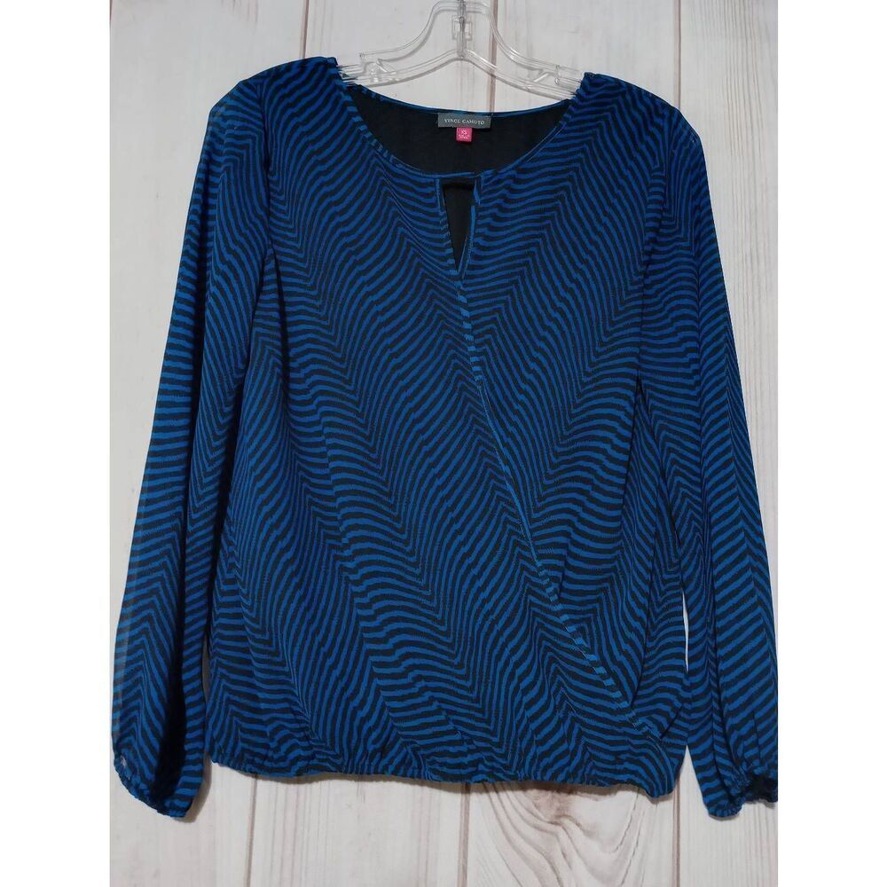 Vince Camuto Womens Blue Black Wavy Stripe Faux Wrap Keyhole Blouse XS